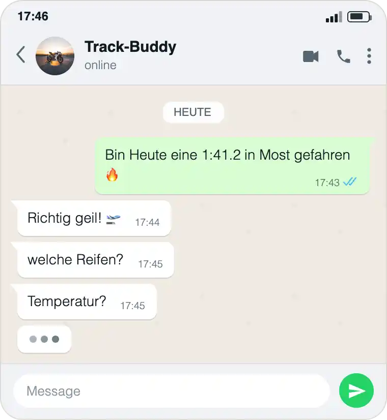 Chat, in dem jemand 1:41.2 in Most schickt. Die Antworten fragen nach Reifen und Temperatur.