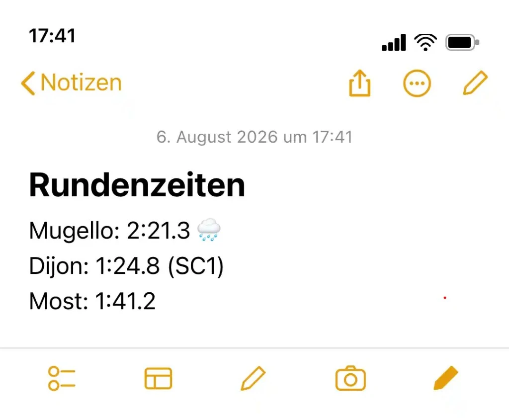 Notiz Rundenzeiten: Mugello, Dijon und Most 1:41.2, ohne vollständige Angaben.